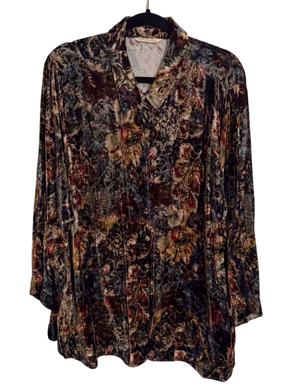 Soft Surroundings Size 2X Floral Velvet Icon Silk Top Button Up Boho Cottagecore